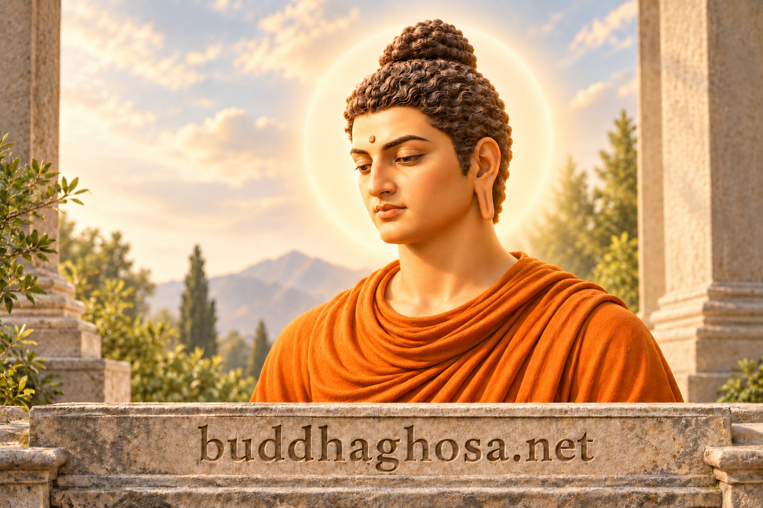 The Buddha in saffron robes in a sunlit courtyard, with a round halo of natural light and buddhaghosa.net engraved below.